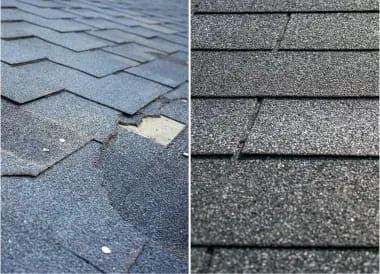 Roof shingles before and after repair